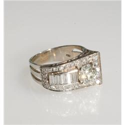 18k White Gold Ring set with an old European cut diamond (approx. 1.18ct.) in a flared asymmetrical 