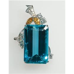 Birks Platinum Pendant set with a large emerald cut aquamarine (approx. 42.30ct.) and decorated with