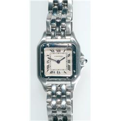 Lady's Cartier ""Panthere"" Wristwatch recent; quartz movement; blue steel hands and black enamel Ro