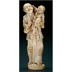 Ivory Okimono of a Man and Child the man in a long robe; signed: Mitsuyuki, ht. 6.5"" - 16.5 cm., Ja