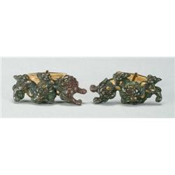 Pair of Shakudo Menuki very well worked as karashishi, with gold onlay, in the Goto manner; mounted 
