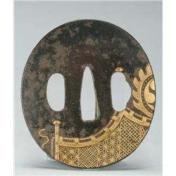 Iron Tsuba of ovoid form, the obverse with a da-daiko and hanging enclosure for Bugaku, the reverse 