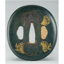 Shakudo Tsuba ovoid, with snowflake and peony design inlaid in silver and gold; signed Shigeyoshi (N