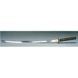 Koto Katana signed apocryphally Rai Kunitoshi, shortened, in a textured black lacquer scabbard, the 