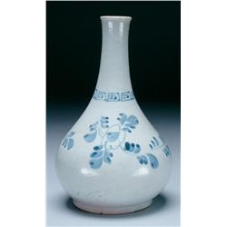 Blue and White Porcelain Bottle Vase of pear shape, painted with a fretwork band above a band of ten