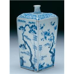 Blue and White Porcelain Square Bottle each face with bamboo and prunus, the chamfered shoulders wit