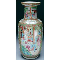 Canton Export Porcelain Vase the cylindrical body painted with figural and bird and flower reserves 