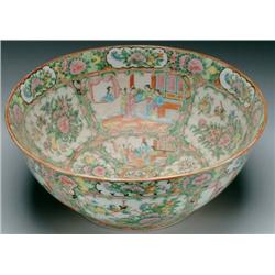 Canton Export Porcelain Basin painted with figural and bird and flower panels on a ground of flowers