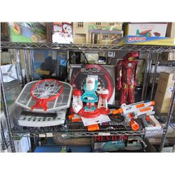 IRON MAN PINATA, NERF GUNS, POOL QUES, DART BOARD, FRANKLIN MINI OVER THE DOOR BASKET BALL HOOP,