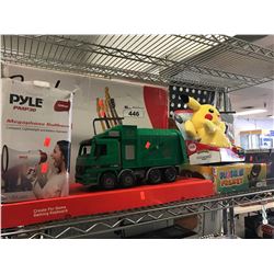 FENDER FOLDING GUITAR STAND, PYLE MEGAPHONE BULLHORN, GAMING KEYBOARD, PLUSH 'N FRENZY GAME,