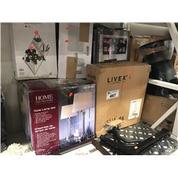 RUBBER DOORMAT, PICTURE FRAME, LIVEX LIGHT FIXTURE, MEDIA CABINET, HOME DECORATORS TABLE LAMP SET,