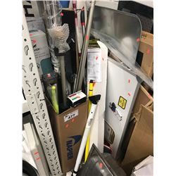 LARGE LOT OF SHOWER CURTAIN RODS, WHITE BOARDS, PADDLE, FLAG, PICTURE FRAME, FISHING ROD, SWEEPER,