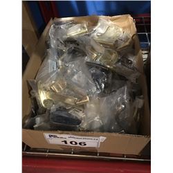 BOX OF ASSORTED METAL HINGES & HARDWARE