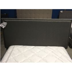 QUEEN SIZE GREY UPHOLSTERED METAL STUDDED HEADBOARD WITH METAL ROLLER FRAME (FITS QUEEN/DOUBLE