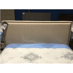 QUEEN SIZE LIGHT BEIGE UPHOLSTERED METAL STUDDED HEADBOARD WITH METAL ROLLER FRAME (FITS