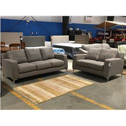 2 PCE CONTEMPORARY LIGHT GREY UPHOLSTERED SOFA & LOVESEAT SET WITH CHROME LEGS