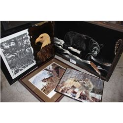 LOT OF NATURE ARTWORK INCLUDING DUCKS UNLIMITED WINNER (COUGAR), FABRIC BEAR PAINTING, AND MORE