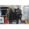 Image 1 : SIMMS FISHING VEST, HARLEY DAVIDSON JACKET, JOHN DEERE JACKET, 2 HATS, KOOLAH JACKET, AND CAMO