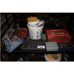 LOT OF TOOLS INCLUDING SENCO NAIL GUN, SAW BLADES, LARGE PAPER CUTTER, TOOL KITS WITH CONTENTS AND