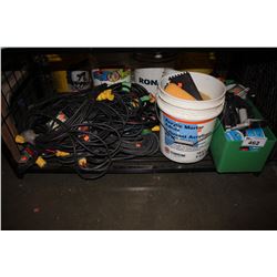 LOT OF TOOLS INCLUDING ASSORTED EXTENSION CABLES/POWER BARS, BUCKET OF SPONGE AND MORE