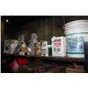 Image 2 : SHELF LOT INCLUDING 2 12 TON JACK STANDS, SMALL SHOP HEATER, STAIN, ACRYLIC LATEX PAINT AND MORE