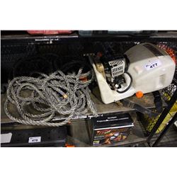 LOT OF TOOLS INCLUDING ECHO SHR-2100 POWER SPRAYER, ASSORTED ROPE AND STRAPPING