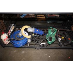 LOT OF TOOLS INCLUDING BUFFER, FLAT LAY HOSE, CROW BARS, CHAIN OIL AND MORE