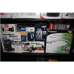 LOT INCLUDING HAMILTON BEACH WAFFLE MAKER, BLENDER, AND FLEXBREW COFFEE MAKER, OSTER KETTLE,