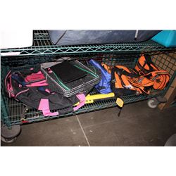 LOT OF CAMPING SUPPLIES INCLUDING 4 DIVING GEAR KITS, FLIPPERS, NETS, GEAR BAG AND MORE