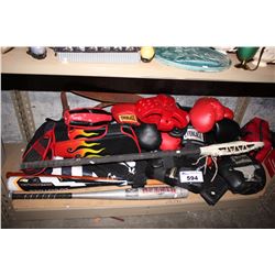 SHELF LOT OF SPORTING GOODS INCLUDING BOXING GEAR, BASEBALL BATS AND LACROSSE STICK