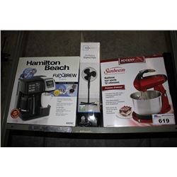 LOT INCLUDING HAMILTON BEACH FLEXBREW, SUNBEAM ELECTRIC MIXER AND OSCILLATING STAND FAN