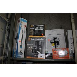 SHELF OF HOME ITEMS INCLUDING BISSELL VAC, COFFEE MAKER, FAN, AND MORE