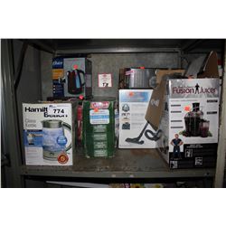 SHELF OF HOME ITEMS INCLUDING BISSELL VAC, KETTLE JUICER, AIR BED, AND MORE