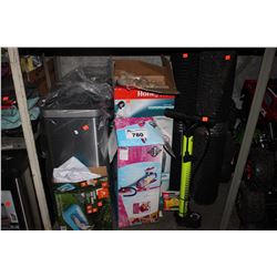 SHELF OF HOME ITEMS INCLUDING TRASH BIN, AIR PUMP, AIRBED, AND MORE