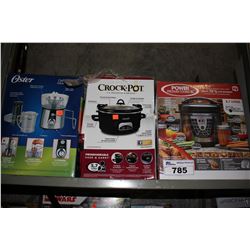 SHELF OF HOME ITEMS INCLUDING JUICER, PRESSURE COOKER, AND CROCK POT