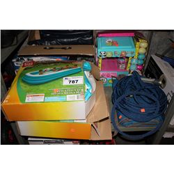 SHELF OF HOME ITEMS INCLUDING AIRBEDS, HOSE, MOJ MOJ, AND MORE