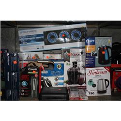 SHELF OF HOME ITEMS INCLUDING FAN, KETTLE, SHAVERS, AND MORE