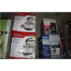 SHELF OF HOME ITEMS INCLUDING 2 SUNBEAM STAND MIXERS, ESPRESSO MAKER, AND MORE