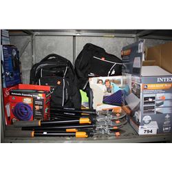 SHELF OF HOME ITEMS INCLUDING FISKARS SHEARS, SWISS GEAR BACKPACK, ROOTS BAD, AIRBEDS, AND MORE