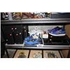 Image 2 : SHELF OF HOME ITEMS INCLUDING SHOES, SONY RECEIVER, YAMAHA SPEAKERS, WORLD ATLAS, AND MORE