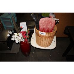 LOT INCLUDING SHOWER ASSIST CHAIR, BASKET, 2 PAIRS OF FLIPPERS, HELMET, FAN, AND VASE WITH FLOWERS