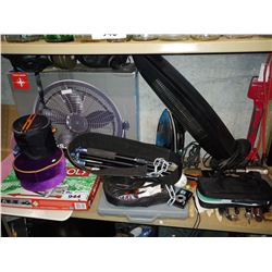 SHELF OF HOUSEHOLD GOODS INCLUDING FANS, SCALE, JUMPER CABLES AND MORE