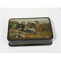 A 19th century Russian painted rectangular box, the lid depicting a group of three men in conversati