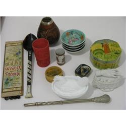 A Mauchlineware circular box of Alexandra Palace, and various objects of vertu including carved ivor