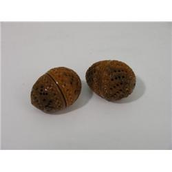 A carved coquilla nut thread box, with pierced decoration and another similar, 2ins  