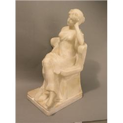 A 19th century alabaster figure, of a seated classical maiden, on plinth base, some damage, 14ins  