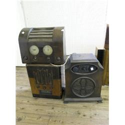 A Marconi Model 376 walnut radio, with brass speaker grill and two similar radio sets, 16.5ins  