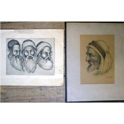  J. Eisenberg  unframed etching,  Three heads, signed in pencil, 6 x 7.5 ins., a similar drawing and