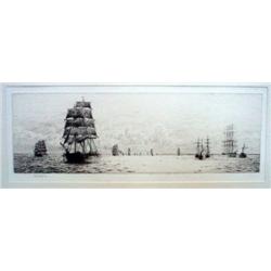  William Lionel Wyllie  unframed etching,  Shipping at sea,  signed in pencil,  4.25 x 13 ins.   