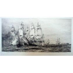  William Lionel Wyllie  three unframed etchings,  The Battle of Trafalgar,  signed in pencil,  7.75 